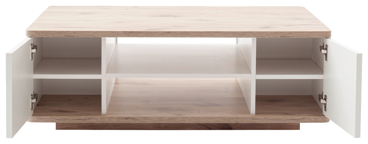 Moderner Couchtisch mit Holzoptik und weißen Regalfächern, Türen geöffnet, Frontalansicht