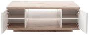 Moderner Couchtisch mit Holzoptik und weißen Regalfächern, Türen geöffnet, Frontalansicht