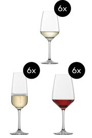 Set aus 18 Kelchgläsern, bestehend aus je 6 Weißwein-, Rotwein- und Sektgläsern, aus seitlicher Perspektive.