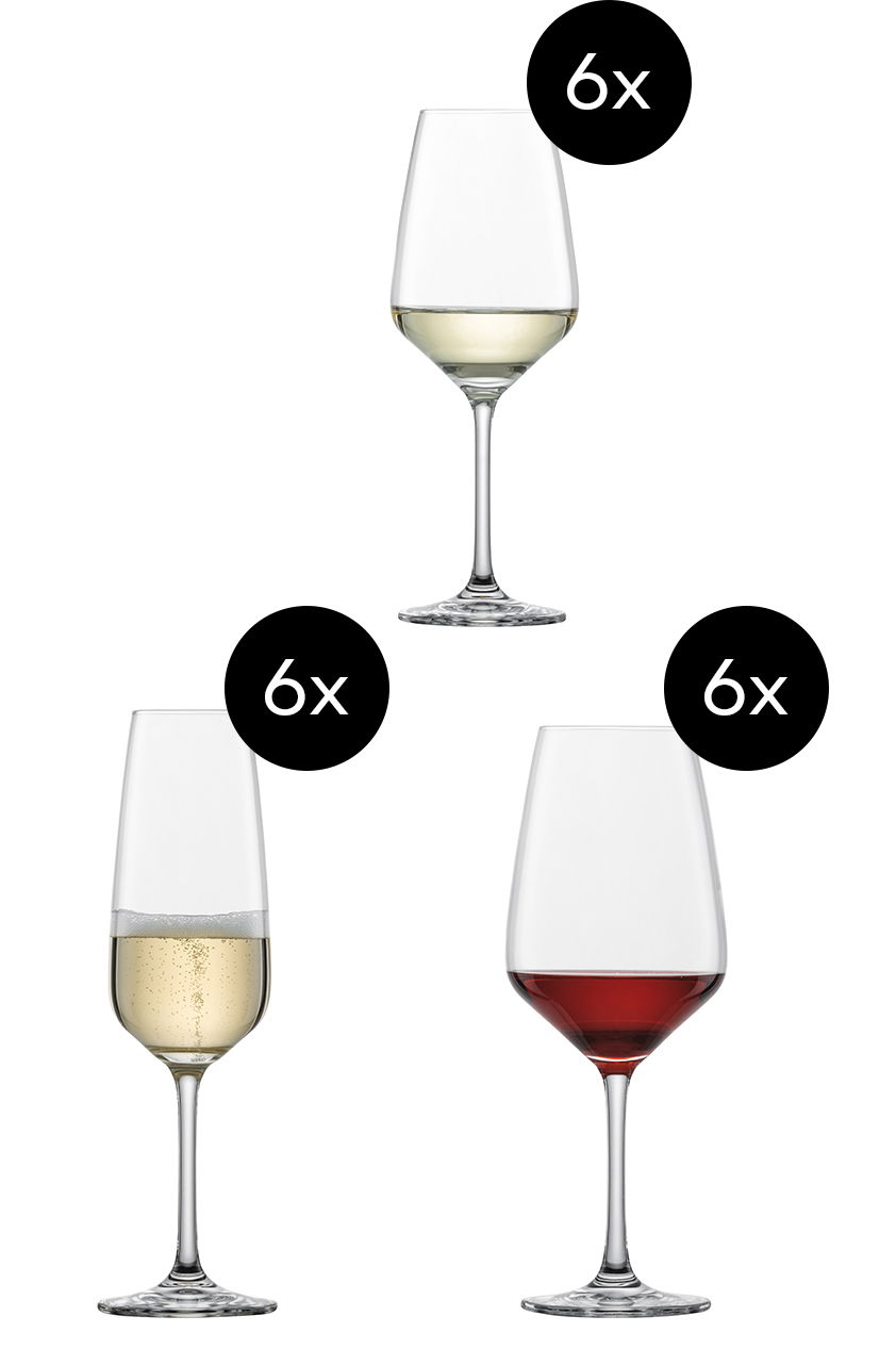 Set aus 18 Kelchgläsern, bestehend aus je 6 Weißwein-, Rotwein- und Sektgläsern, aus seitlicher Perspektive.
