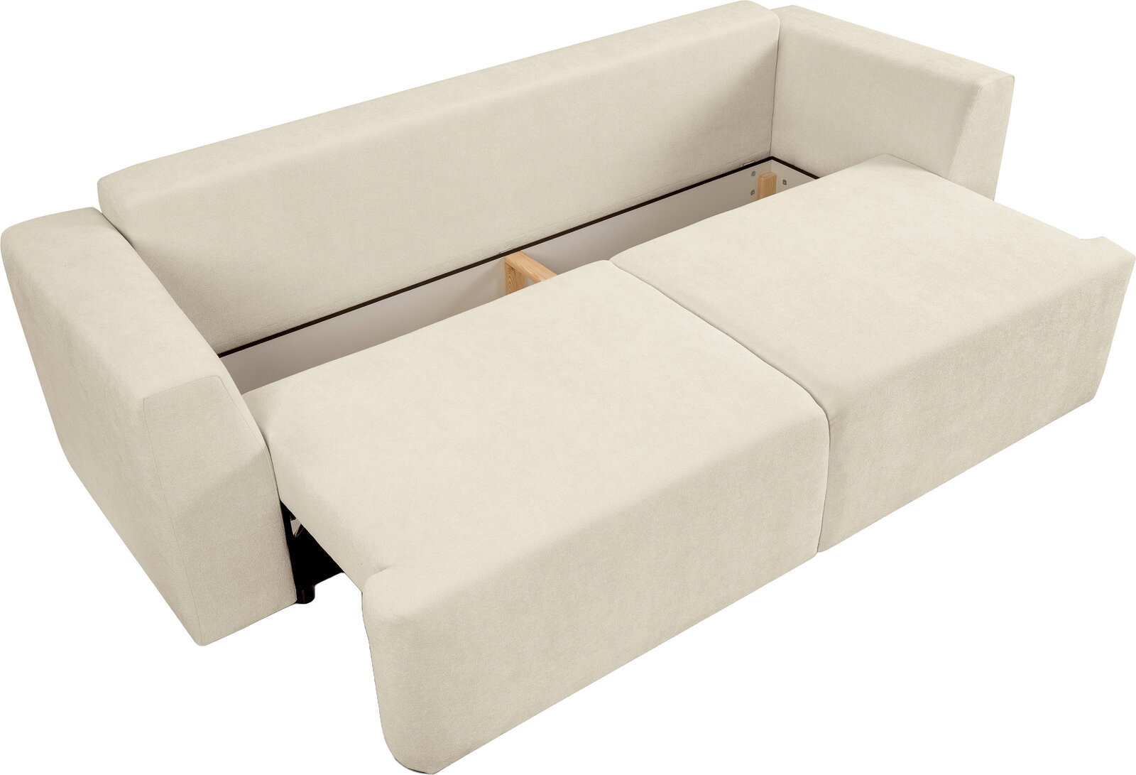 Beiges Schlafsofa mit ausgezogener Liegefläche und Armlehnen, in Schlaffunktion geöffnet, Ansicht schräg von oben/vorne