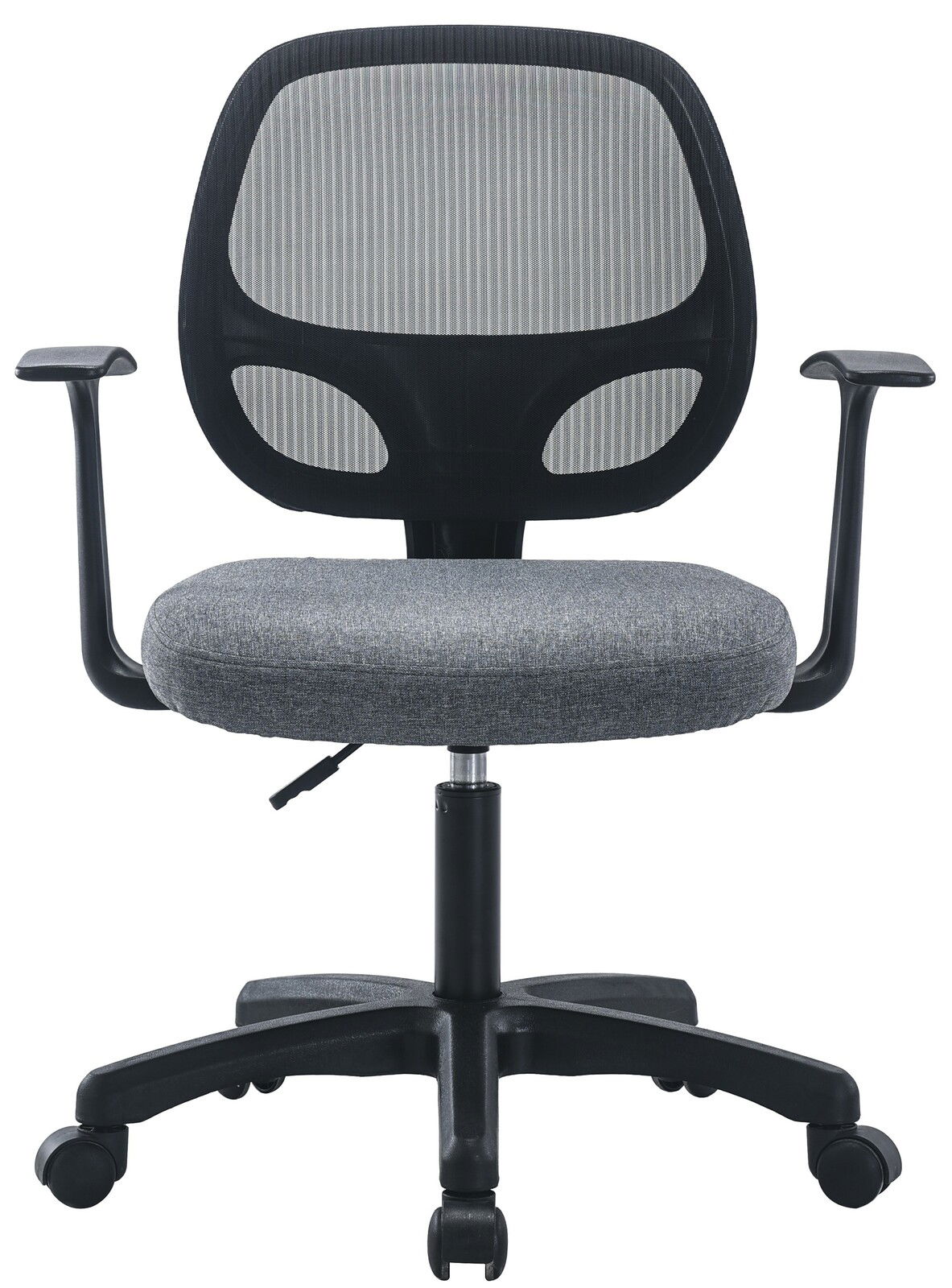 Grauer Drehstuhl mit Netzrückenlehne und Armlehnen, Vorderansicht