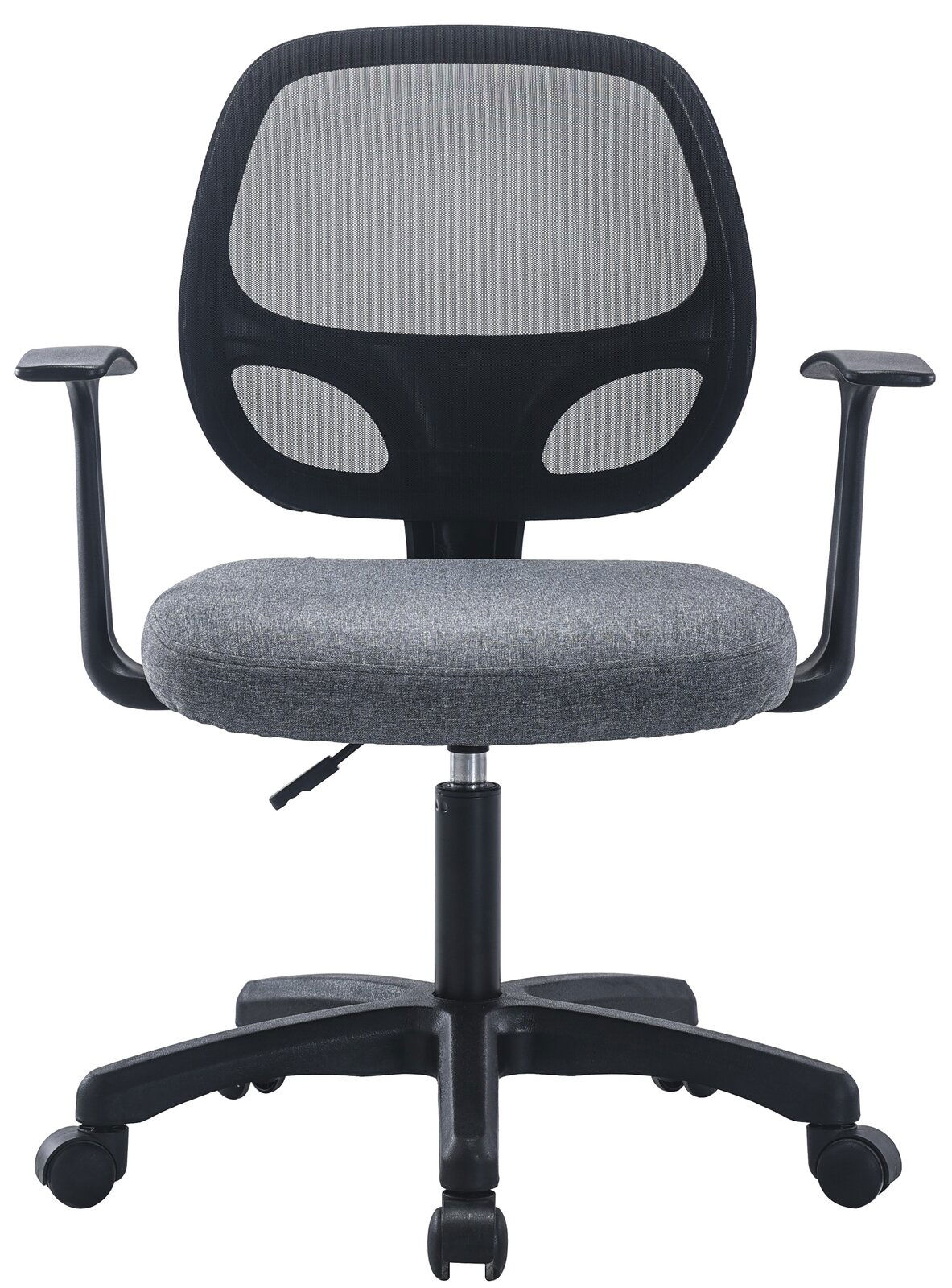 Grauer Drehstuhl mit Netzrückenlehne und Armlehnen, Vorderansicht