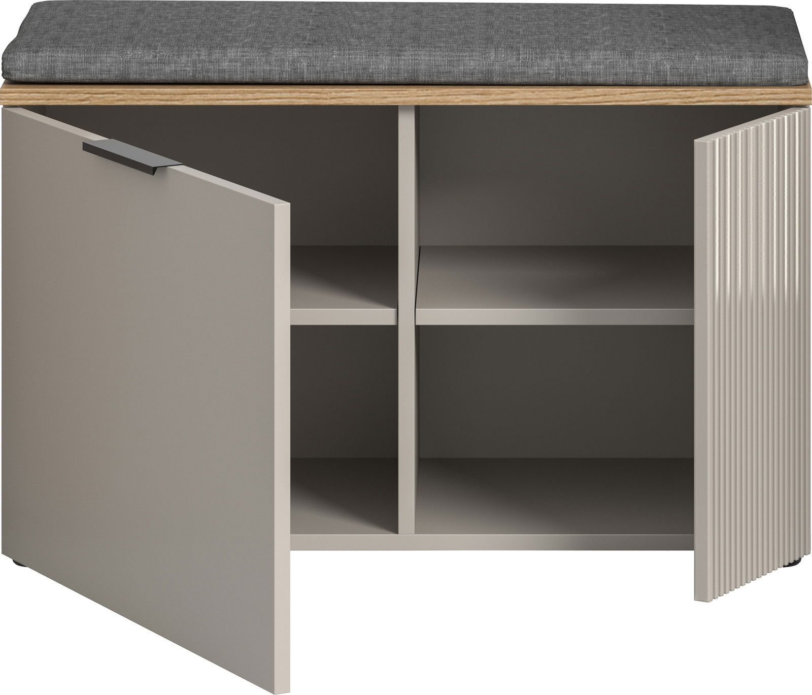 Sitzbank mit grauem Sitzkissen, offene Türen, zeigt Innenfächer, Frontansicht