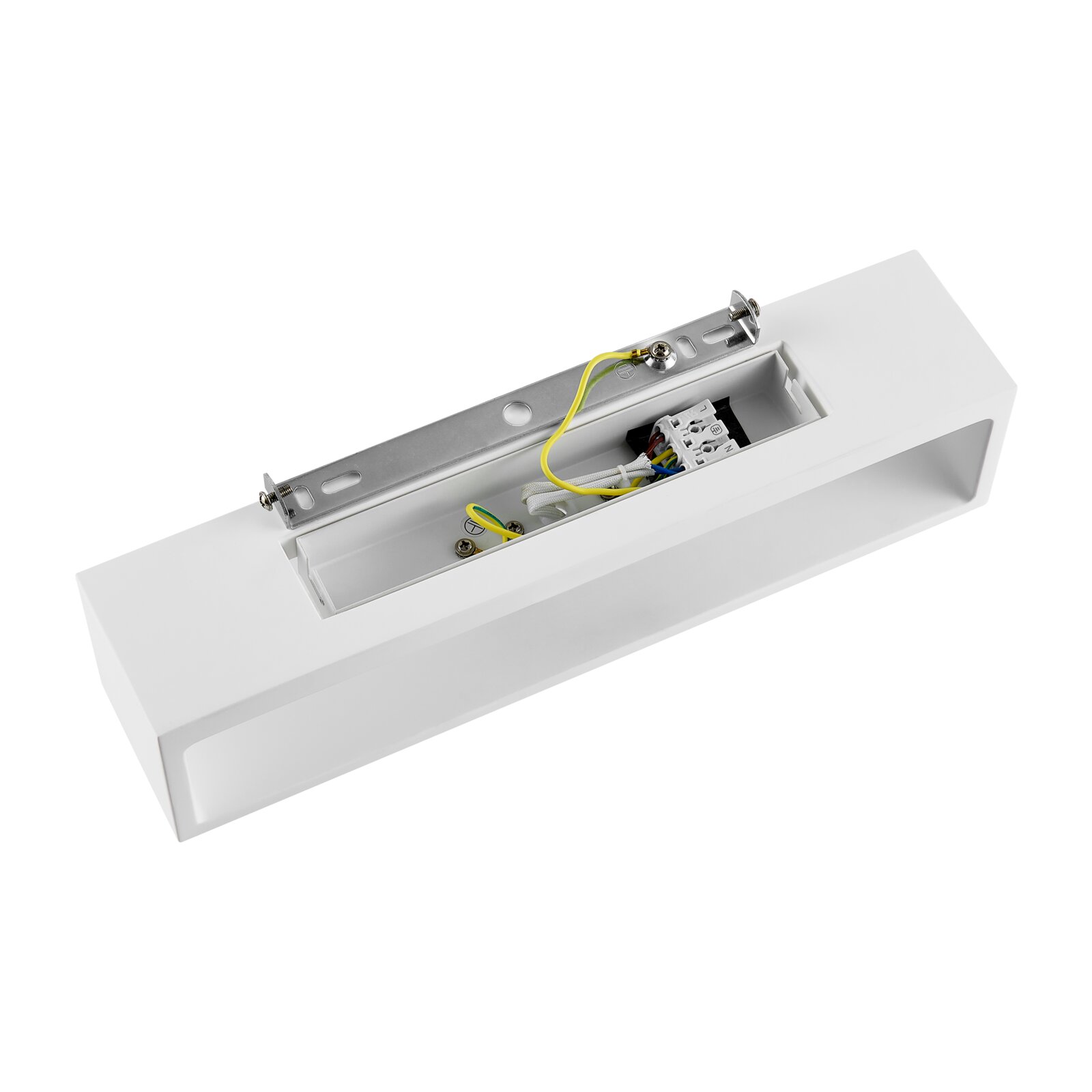 Weiße Wandleuchte in rechteckiger Form, von oben fotografiert, mit sichtbaren elektrischen Anschlüssen.