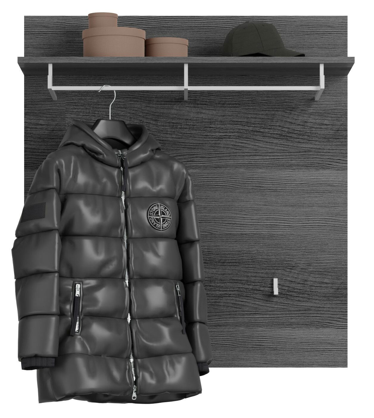 Garderobenpaneel in dunkler Holzoptik mit Ablage, Haken und Kleiderbügel, frontal betrachtet.