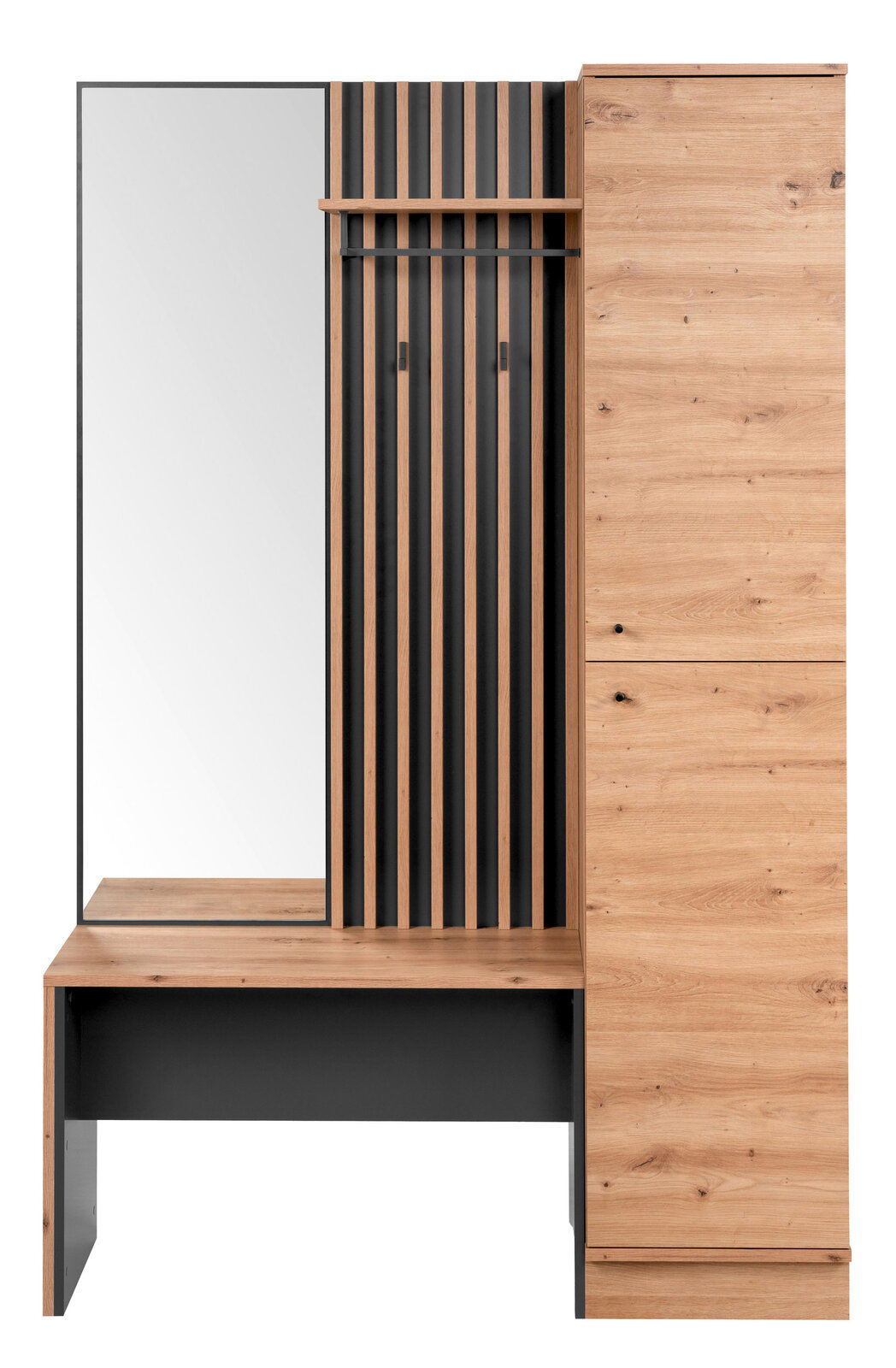 Garderoben-Set aus Holz mit Spiegel, vertikalen Streifen und Stauraum, Frontalansicht