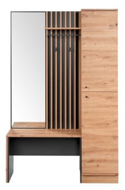 Garderoben-Set aus Holz mit Spiegel, vertikalen Streifen und Stauraum, Frontalansicht