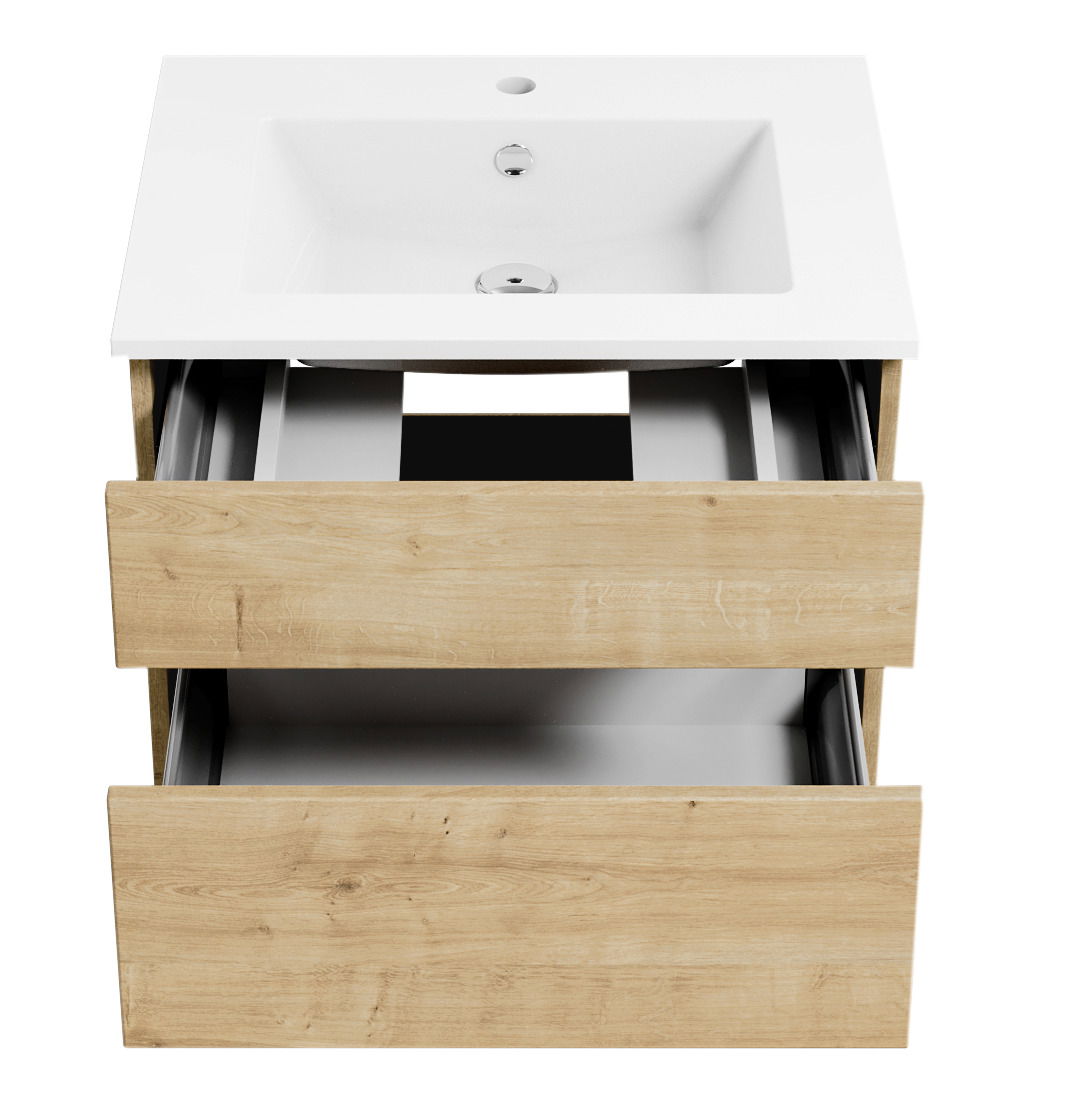 Waschtisch mit zwei offenen Schubladen in Holzoptik, Ansicht von vorne