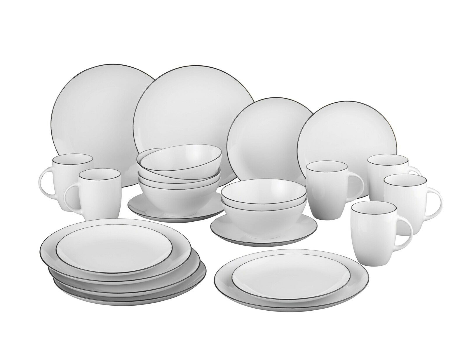 Kombiservice 24-teilig Black Star, bestehend aus Tellern, Schalen und Tassen in eleganter weißer Optik mit schwarzem Rand, aus der Vorderansicht.