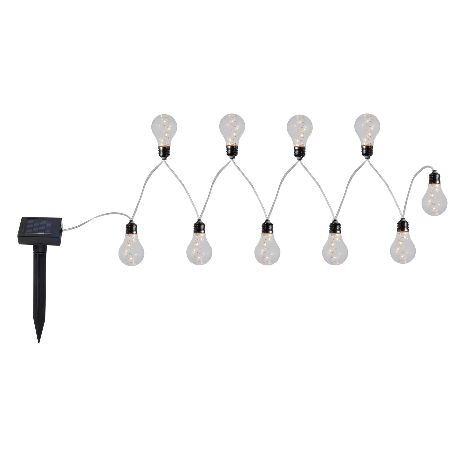 Solarbetriebene Lichterkette mit Glühbirnen, seitliche Ansicht