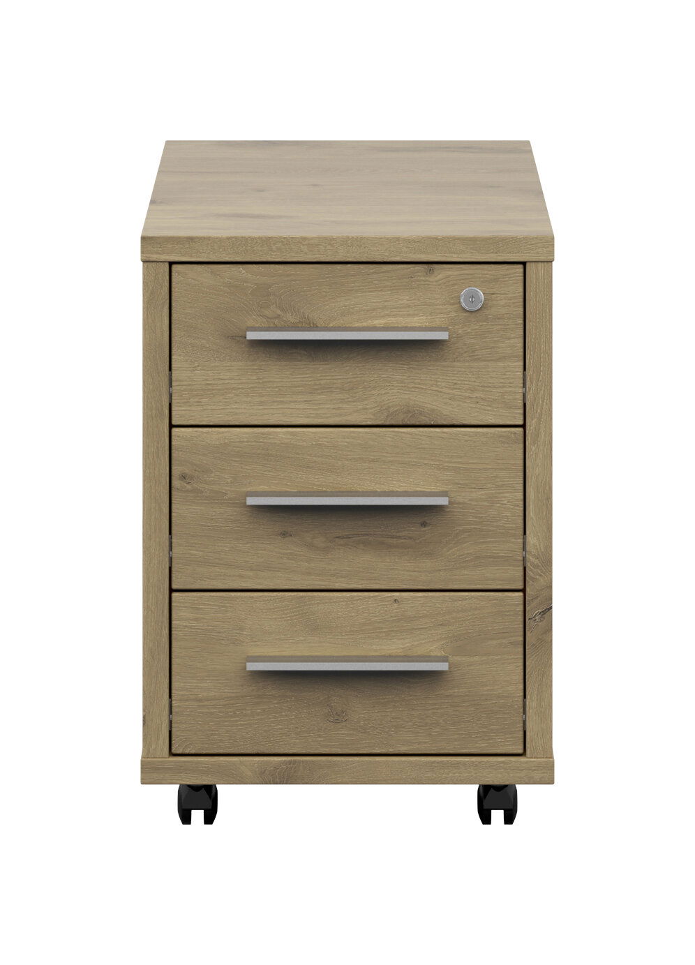 Frontansicht eines Rollcontainers mit drei Schubladen und Holzoptik, auf Rollen.