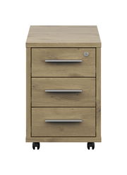 Frontansicht eines Rollcontainers mit drei Schubladen und Holzoptik, auf Rollen.