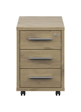 Frontansicht eines Rollcontainers mit drei Schubladen und Holzoptik, auf Rollen.