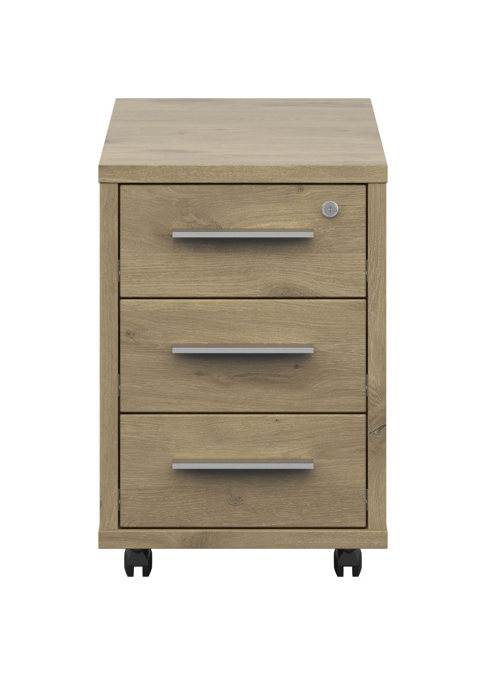Frontansicht eines Rollcontainers mit drei Schubladen und Holzoptik, auf Rollen.