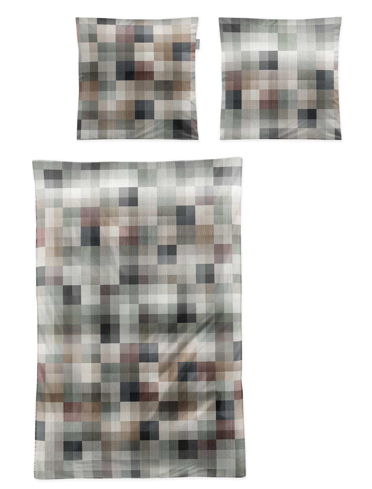 Bettwäsche-Set irisette WAVE mit modernem Karomuster in gedeckten Farben, bestehend aus einem Bettbezug und zwei Kissenbezügen, aus der Vogelperspektive.