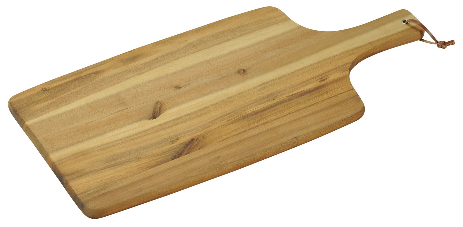 Homeware Tranchierbrett Tranchierbrett aus Akazienholz mit Griff, von oben betrachtet, mit einer Lederschlaufe am Griffende.