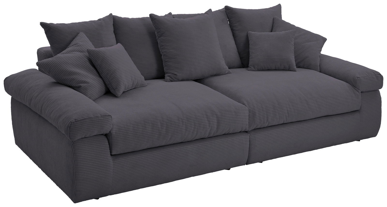 Großes, dunkelgraues Sofa mit mehreren Kissen, seitliche Perspektive