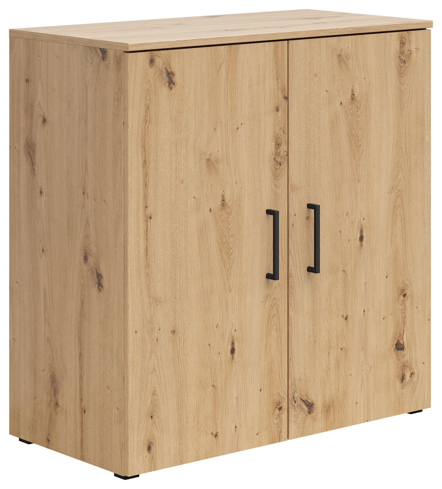 Carryhome Kommode MULTISTAURAUM Holzkommode mit zwei Türen und schwarzen Griffen, Perspektive von vorne links