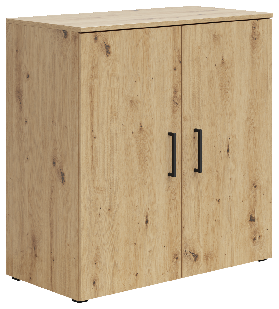 Carryhome Kommode MULTISTAURAUM Holzkommode mit zwei Türen und schwarzen Griffen, Perspektive von vorne links