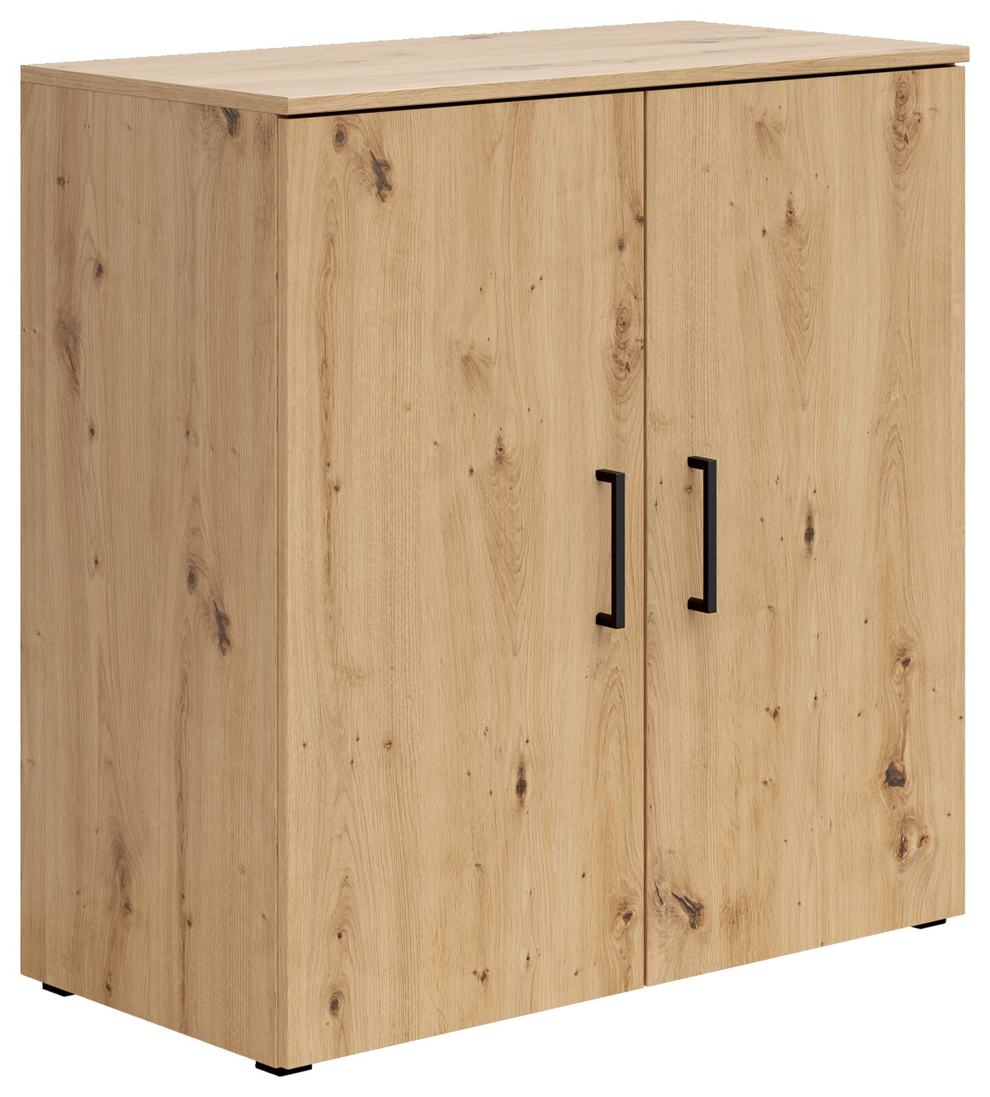 Holzkommode mit zwei Türen und schwarzen Griffen, Perspektive von vorne links