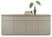 Frontale Ansicht eines modernen XL-Sideboards mit Holzplatte, dekoriert mit Büchern und einer Vase mit grünen Blättern.