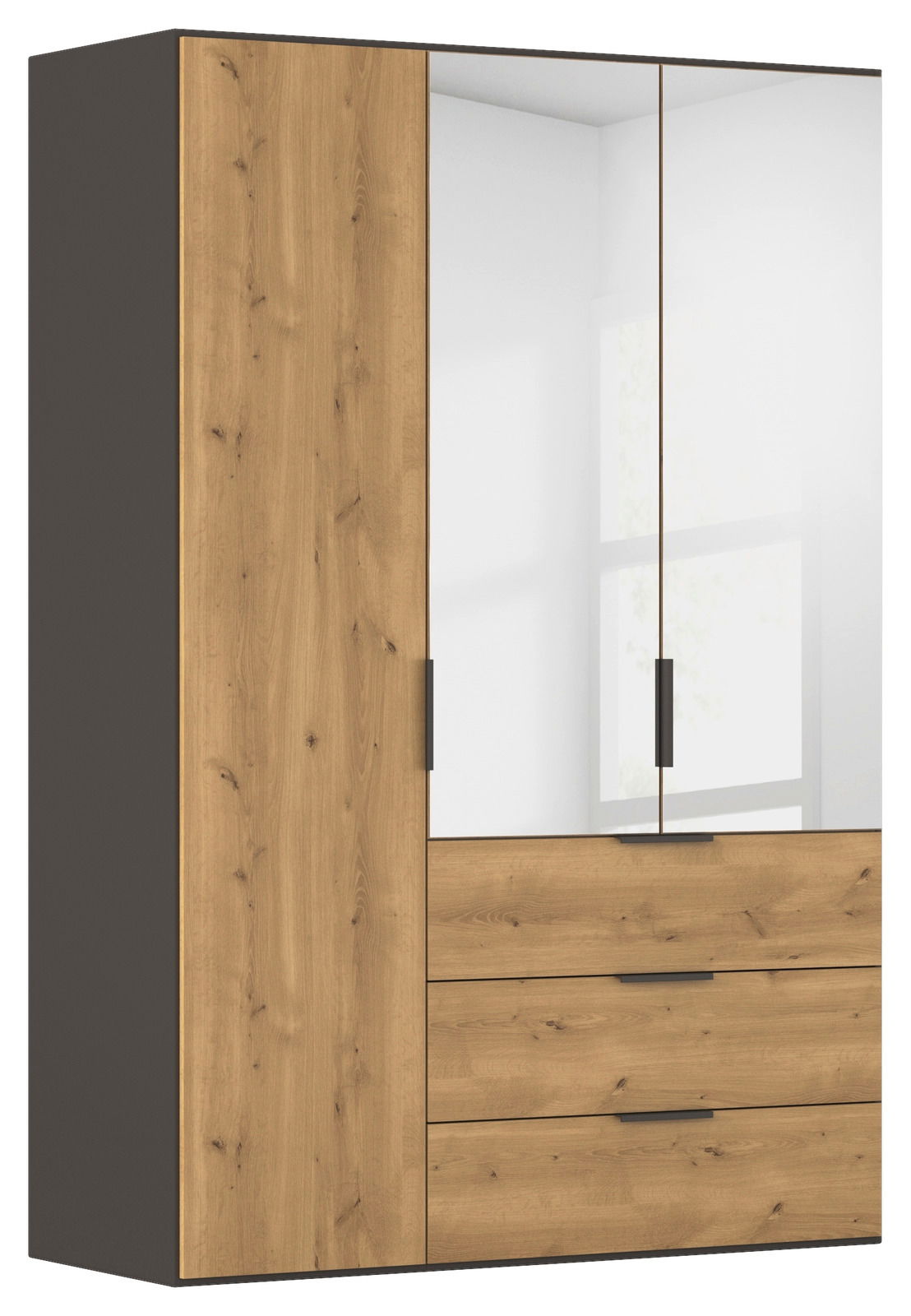 Moderner Kleiderschrank mit Holzoptik und Spiegeltüren, frontal abgebildet.