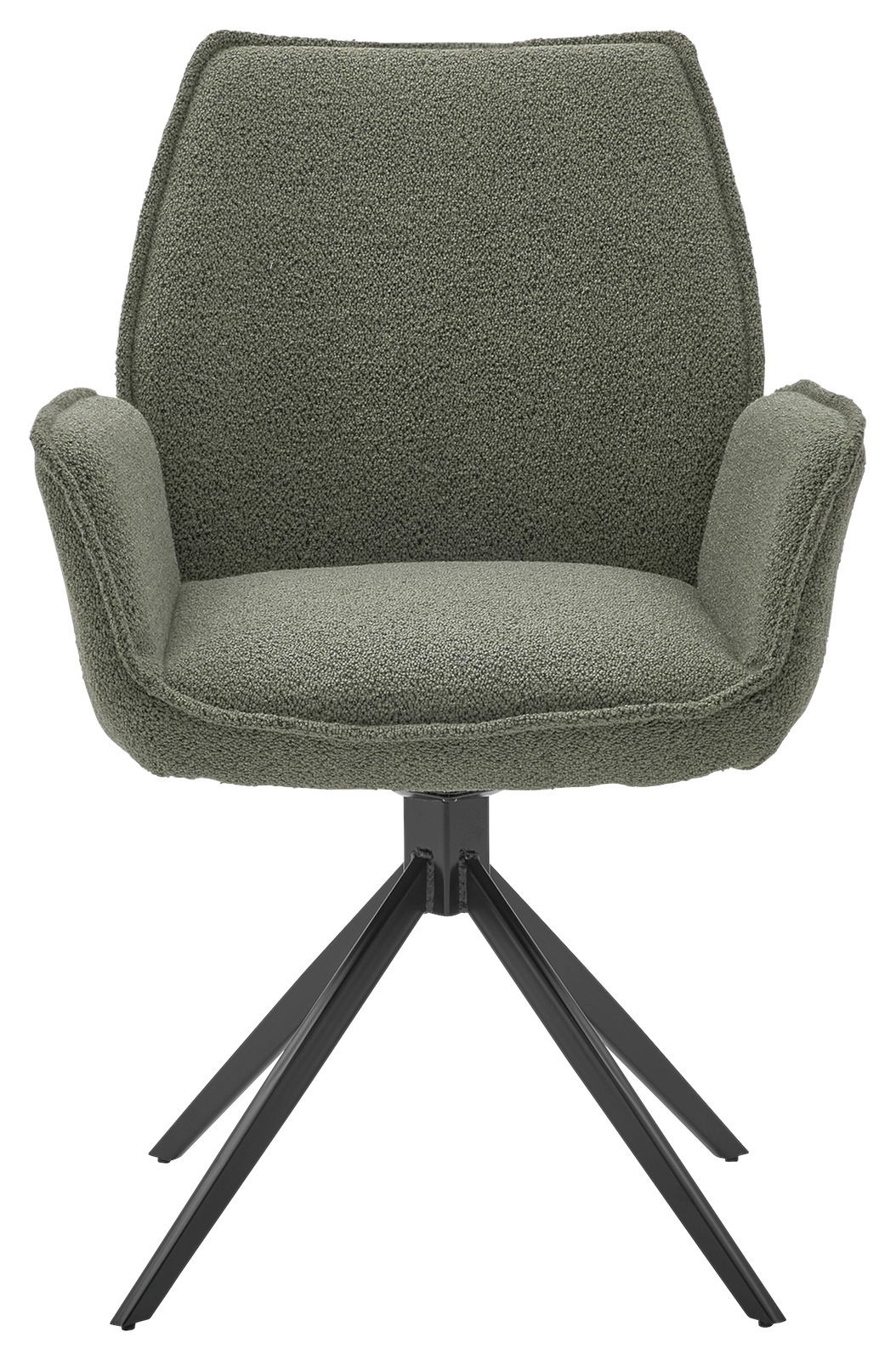 Grüner Armlehnstuhl mit schwarzem Metallgestell, Frontalansicht