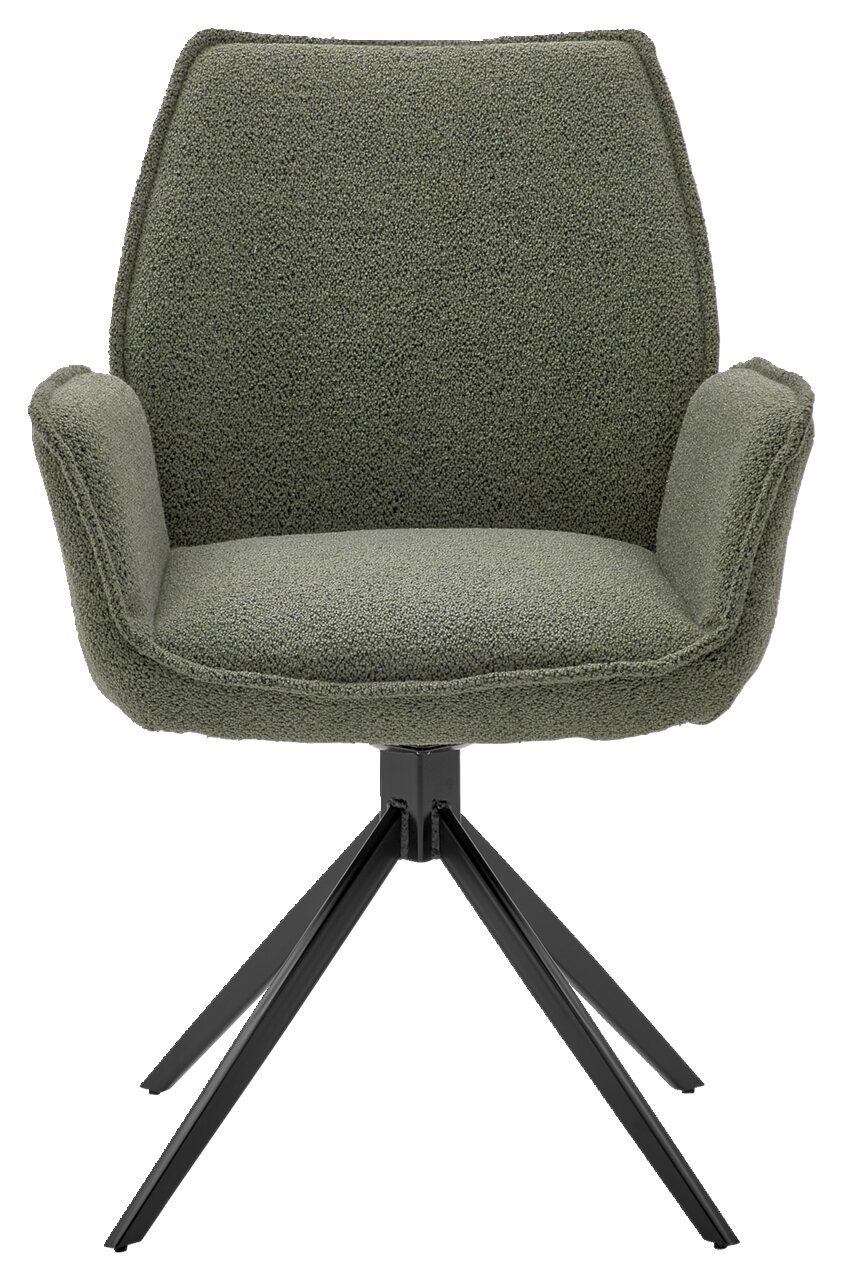 Grüner Armlehnstuhl mit schwarzem Metallgestell, Frontalansicht