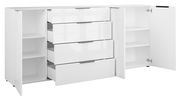 Weißes XXL-Sideboard mit offenen Türen und Schubladen, seitliche Perspektive