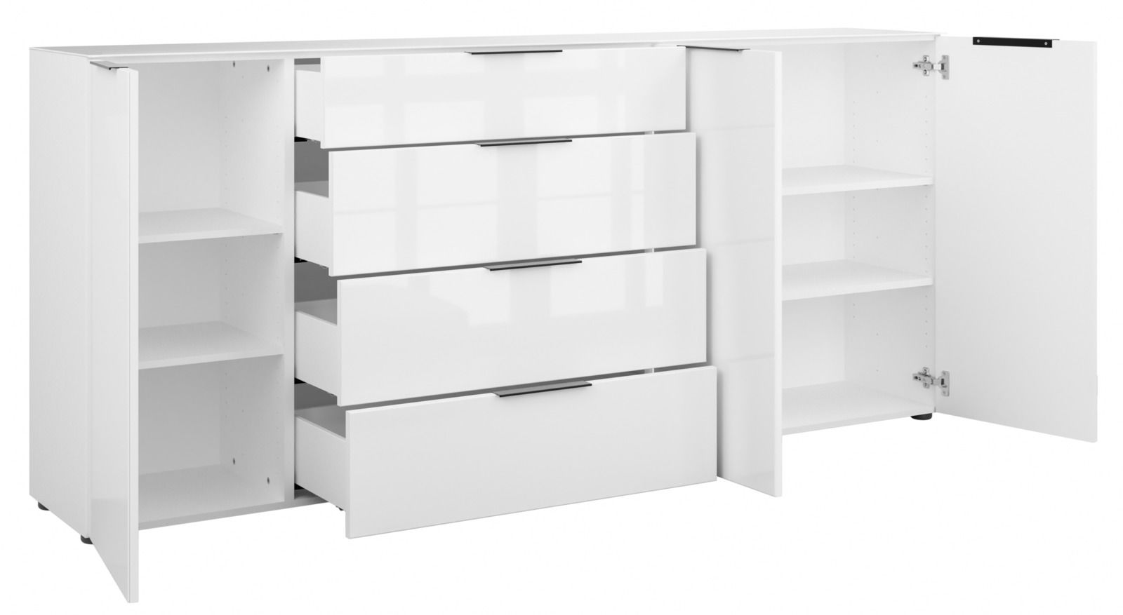 Weißes XXL-Sideboard mit offenen Türen und Schubladen, seitliche Perspektive
