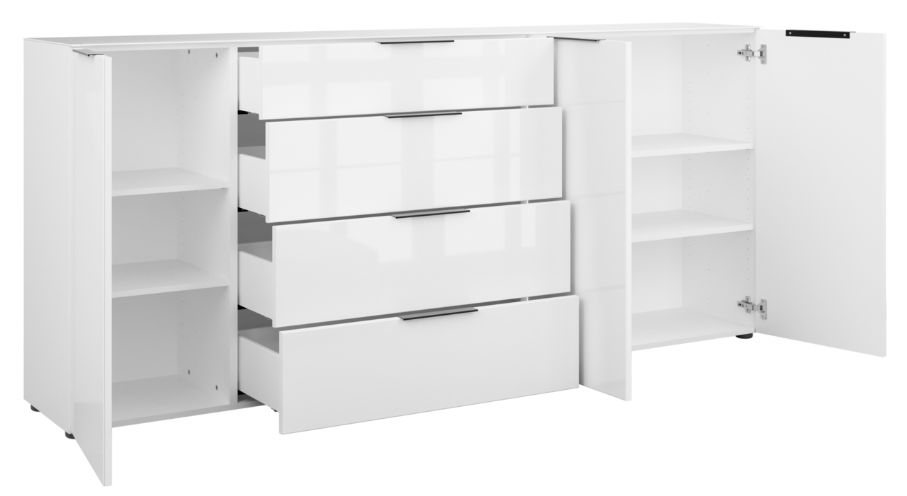 Weißes XXL-Sideboard mit offenen Türen und Schubladen, seitliche Perspektive