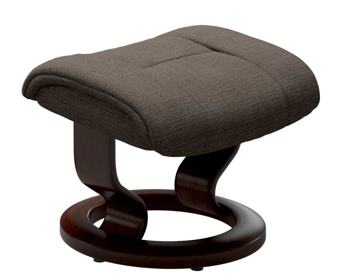 Stressless Hocker RENO Moderner Hocker mit dunkelbraunem Holzgestell und gepolsterter Sitzfläche in seitlicher Perspektive.