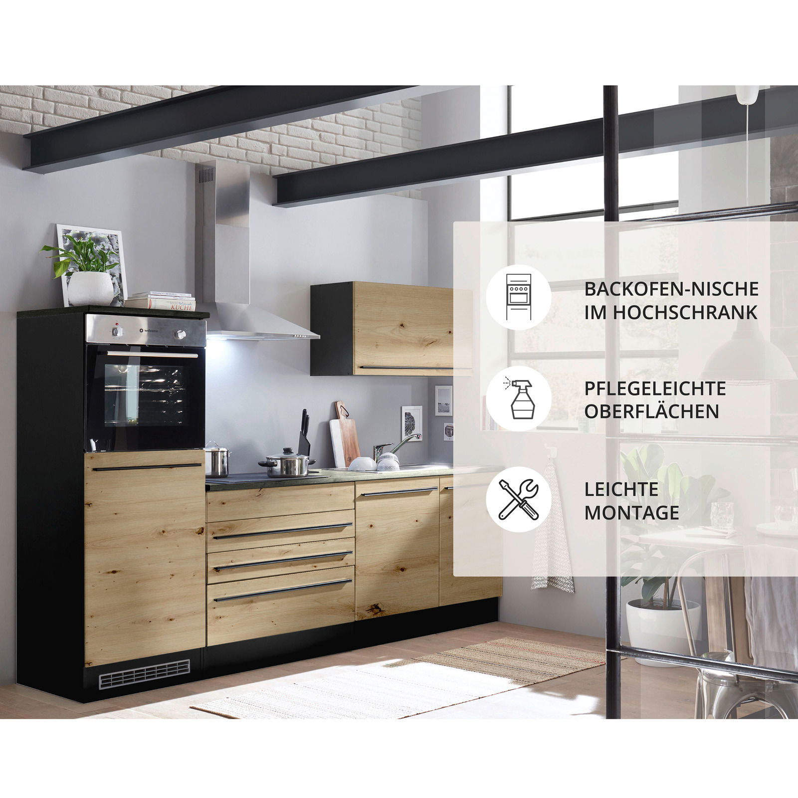 Moderne Küchenzeile in Holzoptik mit Backofen-Nische im Hochschrank, pflegeleichten Oberflächen und leichter Montage, seitliche Perspektive.