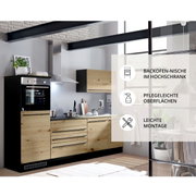 Moderne Küchenzeile in Holzoptik mit Backofen-Nische im Hochschrank, pflegeleichten Oberflächen und leichter Montage, seitliche Perspektive.
