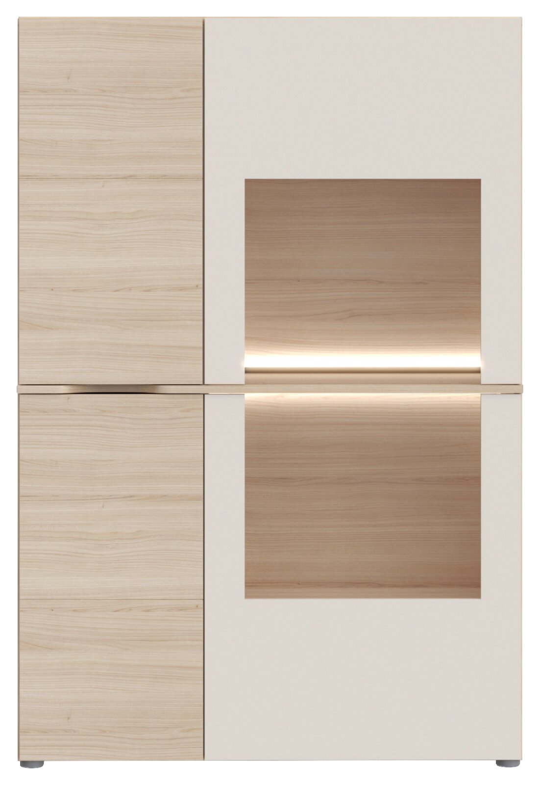 Moderne Vitrine mit Holz- und Glaselementen, frontale Ansicht