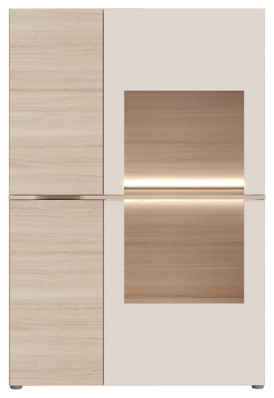 Moderne Vitrine mit Holz- und Glaselementen, frontale Ansicht