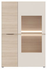 Moderne Vitrine mit Holz- und Glaselementen, frontale Ansicht