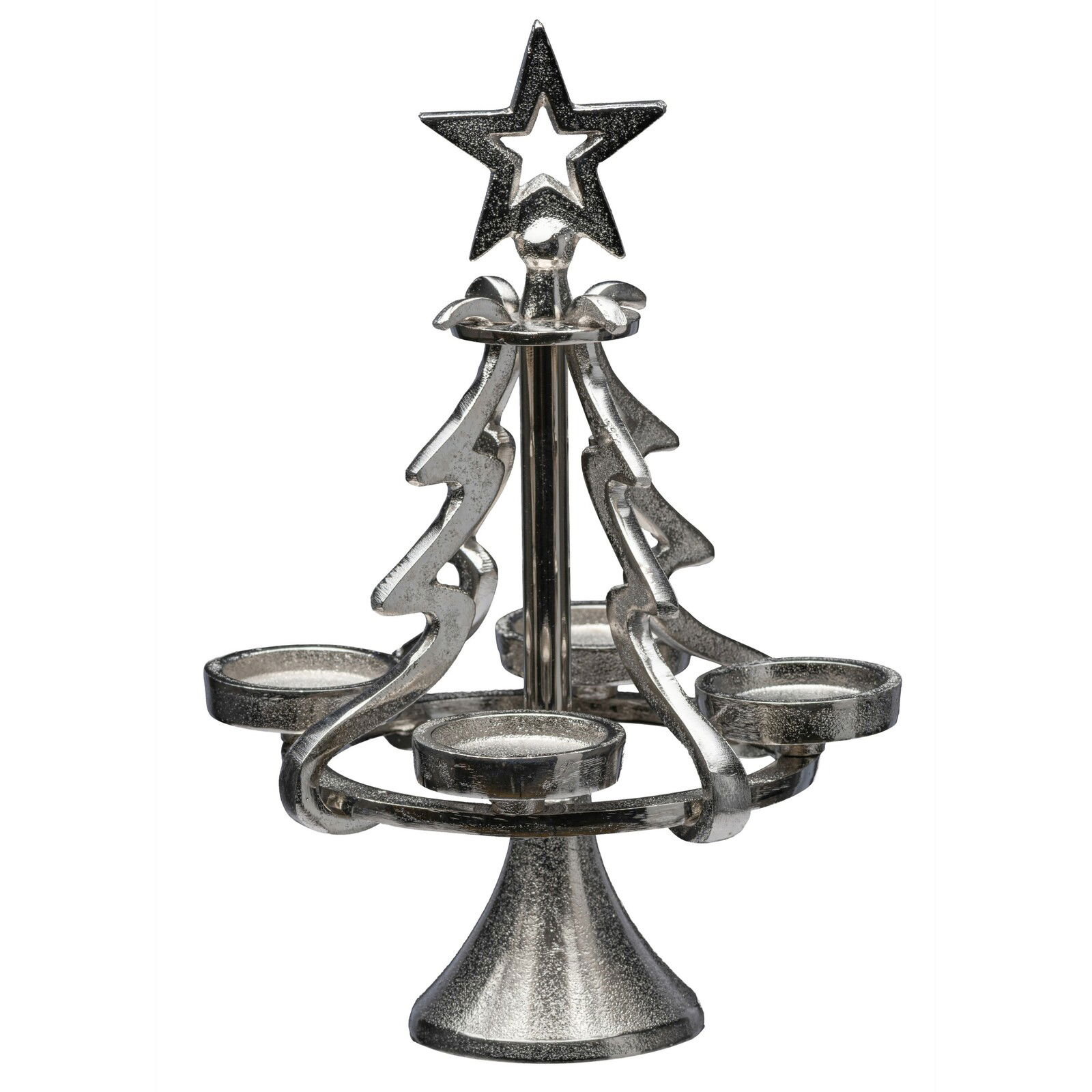 Silberner Teelichthalter in Form eines Tannenbaums mit Stern an der Spitze, frontal betrachtet.