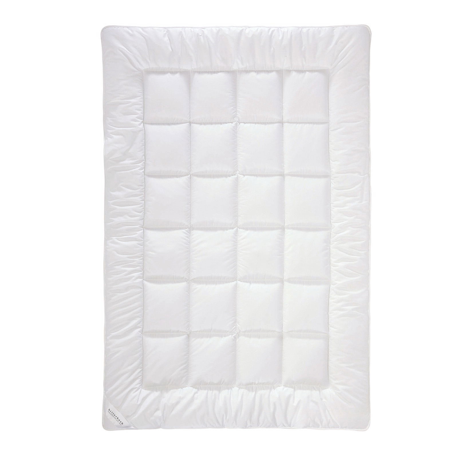 Weiße Faserdecke UNO ANTIGUA von oben betrachtet, mit quadratischer Steppung und breitem Rand.