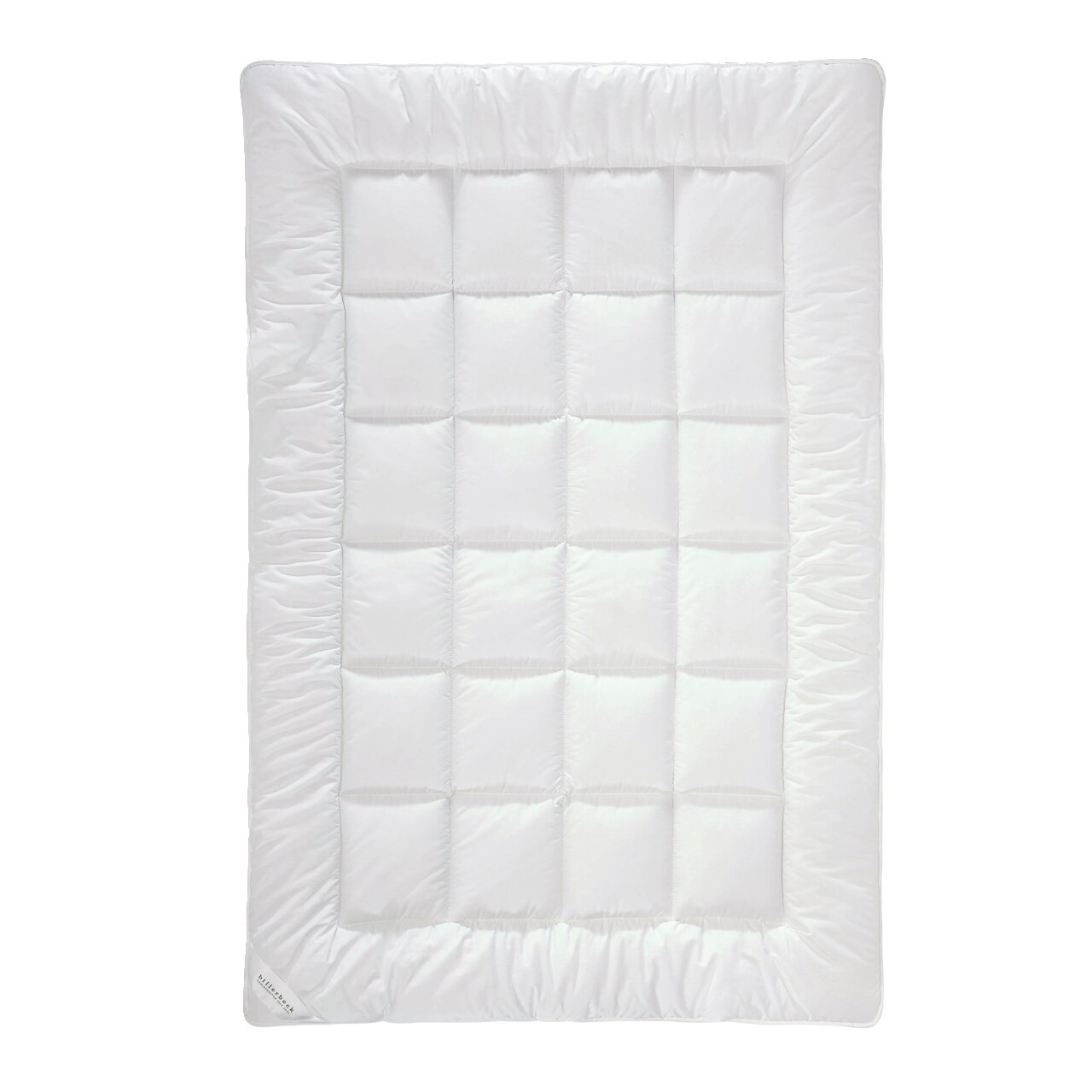 Weiße Faserdecke UNO ANTIGUA von oben betrachtet, mit quadratischer Steppung und breitem Rand.