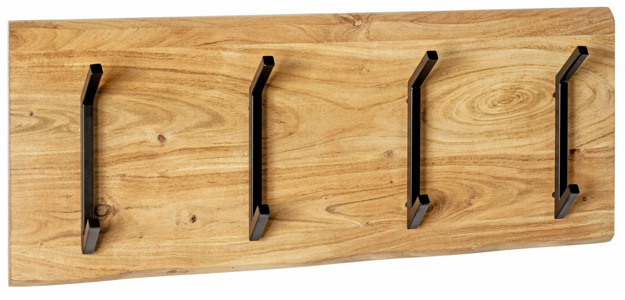 Linea Natura Wandgarderobe RIVERA Wandgarderobe aus Holz mit vier schwarzen Haken, frontal betrachtet.
