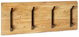 Wandgarderobe aus Holz mit vier schwarzen Haken, frontal betrachtet.