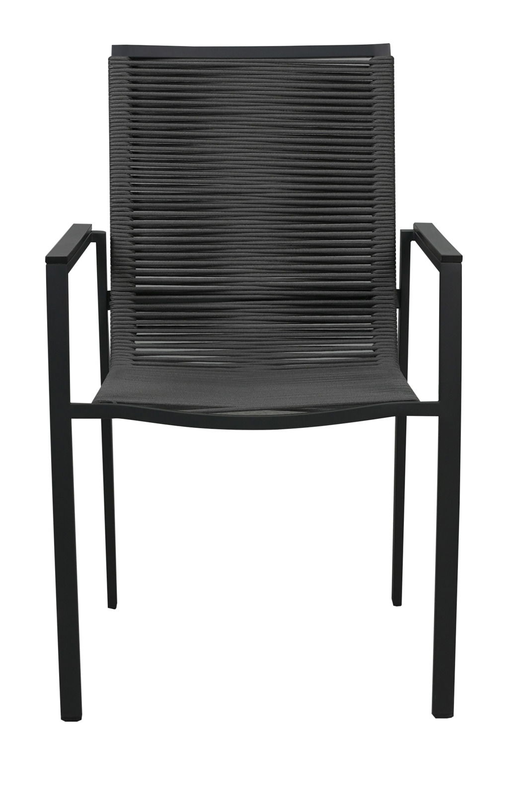 Moderner schwarzer Gartensessel aus Metall mit Armlehnen, Vorderansicht