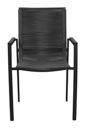 Moderner schwarzer Gartensessel aus Metall mit Armlehnen, Vorderansicht