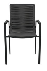 Moderner schwarzer Gartensessel aus Metall mit Armlehnen, Vorderansicht