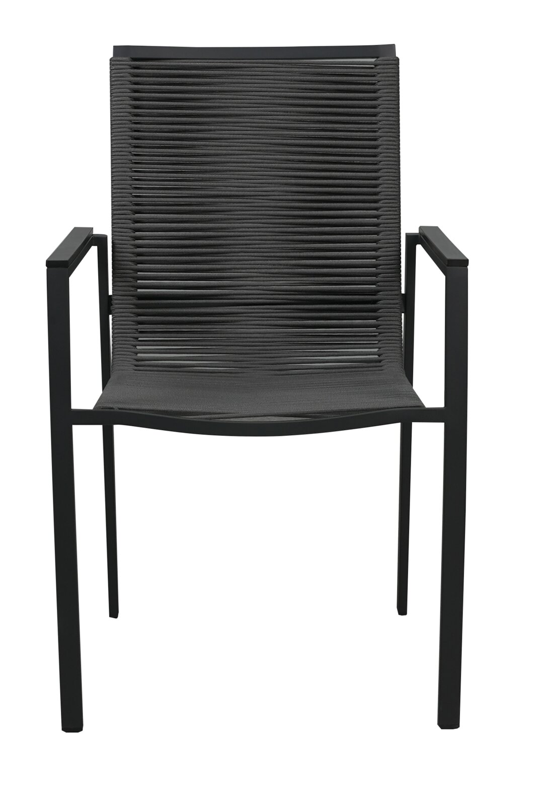 Moderner schwarzer Gartensessel aus Metall mit Armlehnen, Vorderansicht