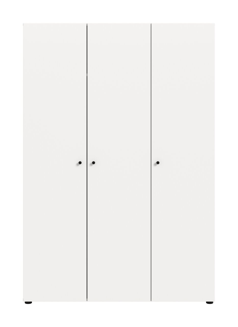 Weißer, minimalistischer Kleiderschrank mit drei Türen und schwarzen runden Griffen, frontale Ansicht.