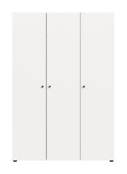 Weißer, minimalistischer Kleiderschrank mit drei Türen und schwarzen runden Griffen, frontale Ansicht.
