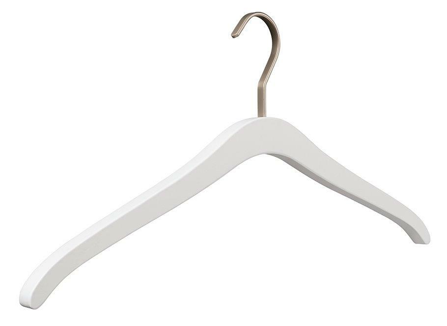 Weißer Garderobenbügel aus Holz mit Metallhaken, seitliche Perspektive